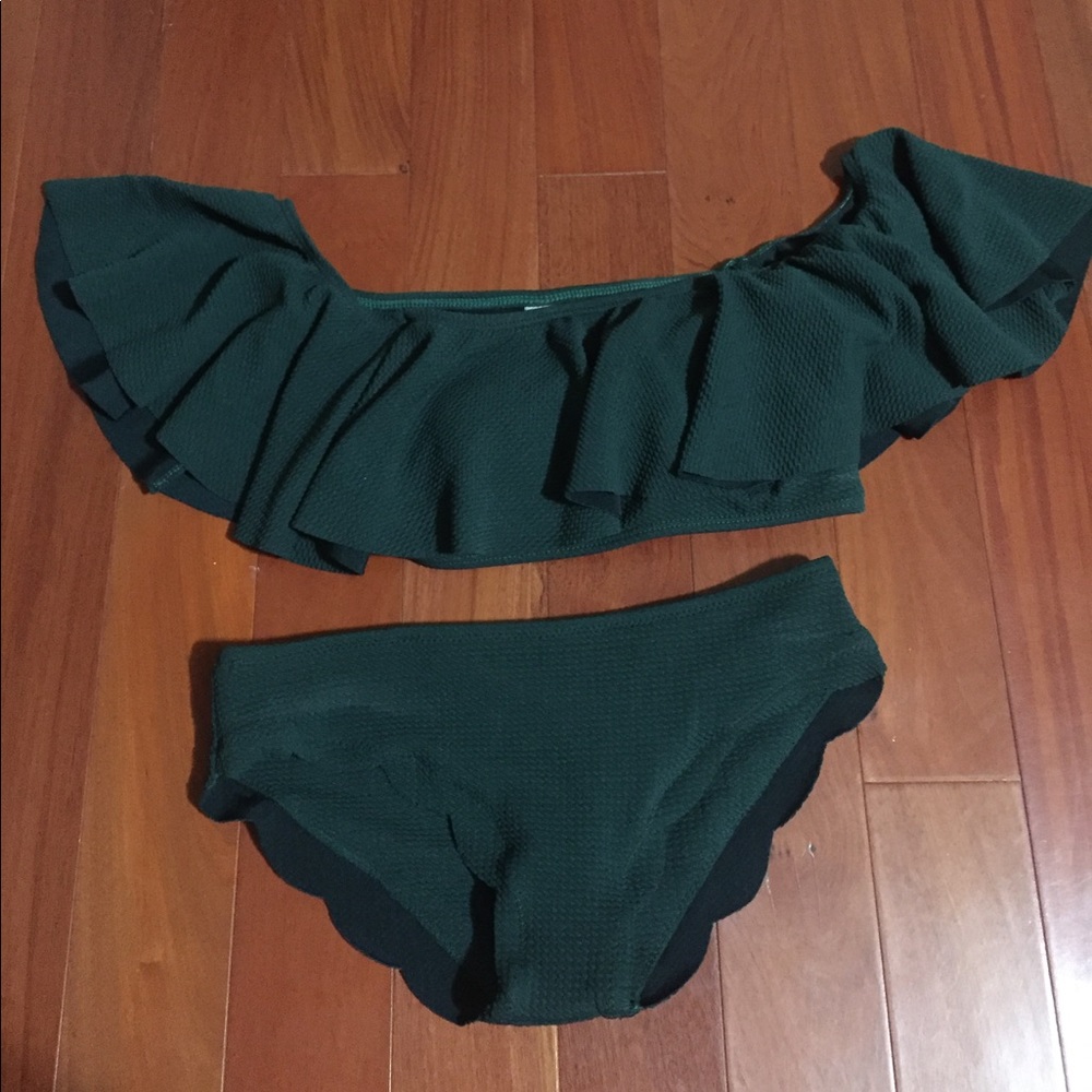 Scalloped off the should bikini set - deep green